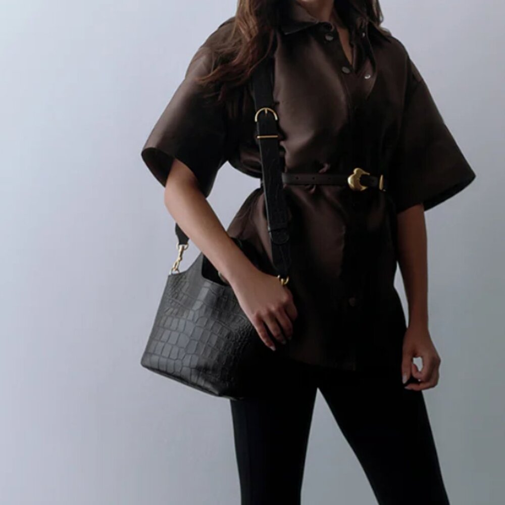 NWT Cuyana Mini System Tote (Croco) in Black with NWT Wide Strap
